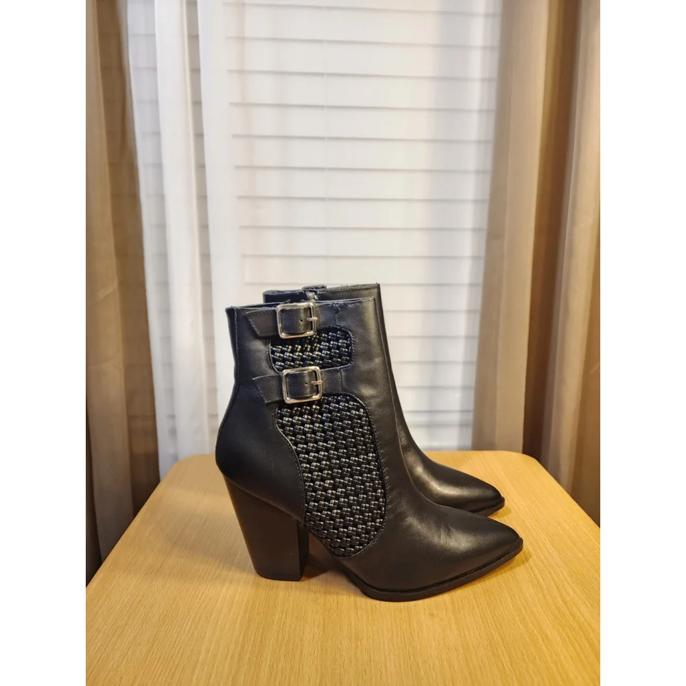 Steve Madden LEATHER Modern Buckle Weaved Western Boots Bootie SZ 10 M BLACK
